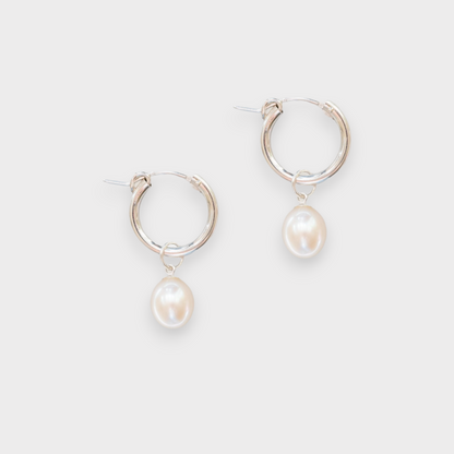 Lissa Silver Hoop Pearl Earrings